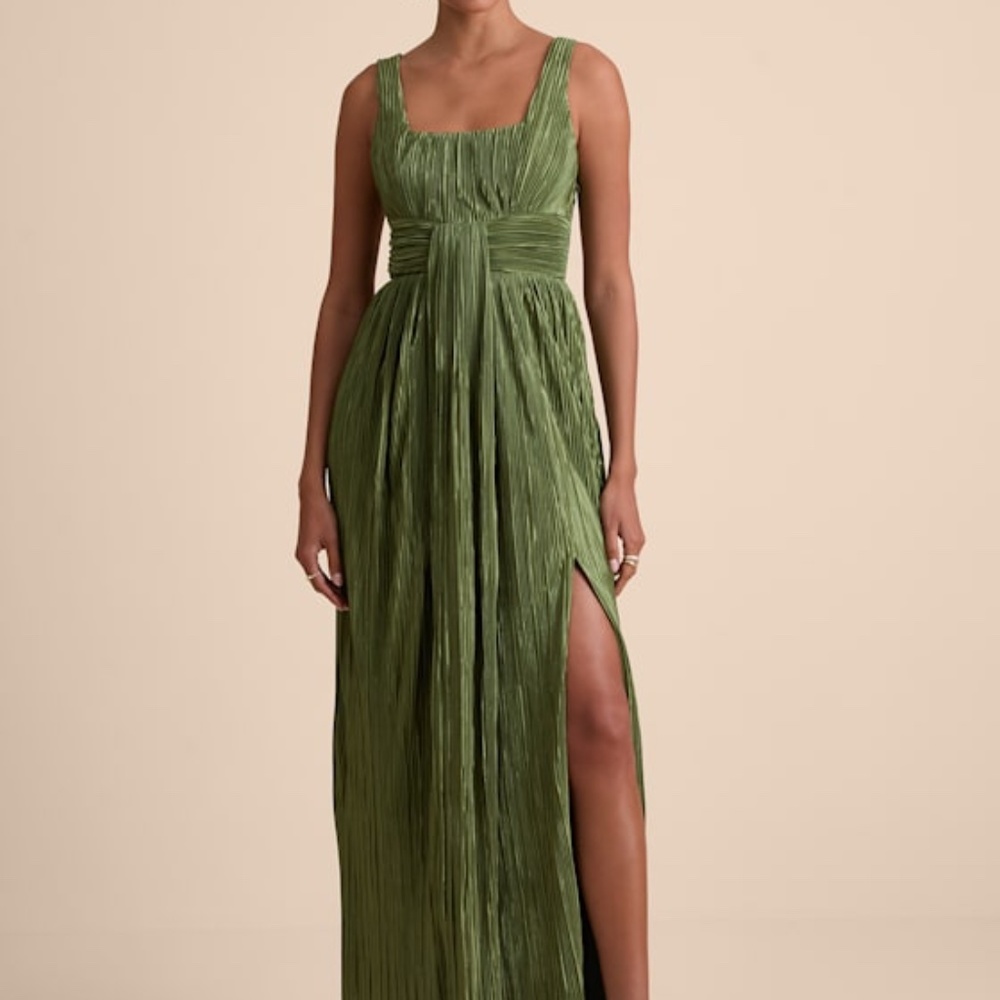 Lulus Ameena Olive Green Plisse Square Neck Sash Maxi Dress - Size L